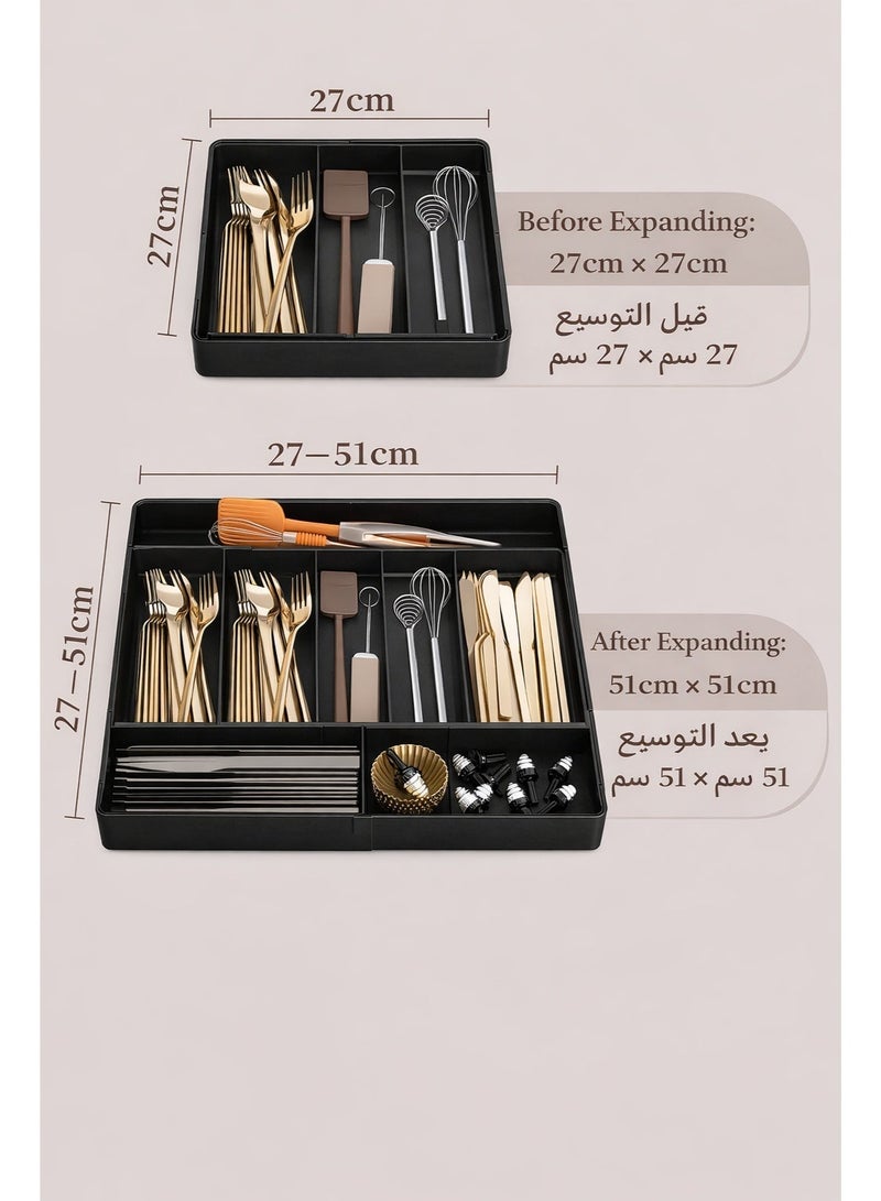 منظم أدوات المائدة للدرج، منظم أدوات مطبخ متعدد الاستخدامات قابل للتوسيع، حامل ملاعق وشوك وسكاكين خالٍ من BPA، صندوق تخزين بلاستيك قابل للتعديل (أسود) - Image 3